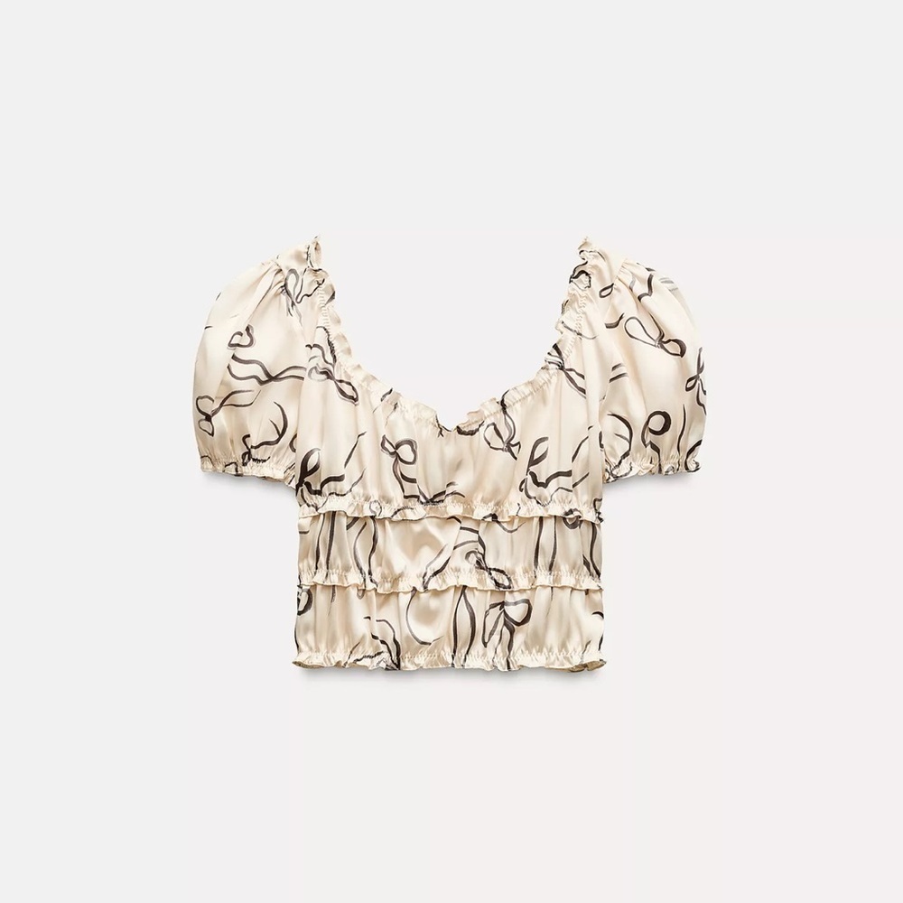 NWT Zara Satin effect crop babydoll top printed bows Cream color Sz M